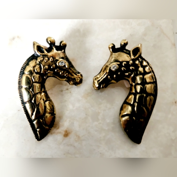 Vintage Bold Gold 1980s Giraffe clear stone eyes clip on earrings #giraffelover - Picture 9 of 11